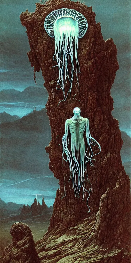 Prompt: A detailed lonely tesla android with jellyfish head stands among the mountains. Wearing a ripped mantle, robe. Perfect face, colossal scale, extremely high details, realistic, fantasy art, solo, masterpiece, art by Zdzisław Beksiński, Arthur Rackham, Dariusz Zawadzki