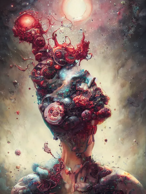 Image similar to a splatterpunk portrait of the contemplation of the universe, hyperrealistic, award-winning, in the style of Tom Bagshaw, Cedric Peyravernay, Peter Mohrbacher