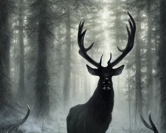 Image similar to 5 5 mm portrait photo of a man with pitch black skin, white eyes, and long antlers in a magical forest. magical atmosphere. art by greg rutkowski and luis royo. highly detailed 8 k. intricate. lifelike. soft light. nikon d 8 5 0.