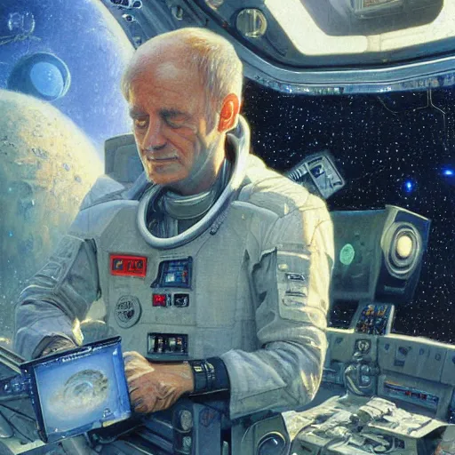 Prompt: digital painting of james holden sitting in the captains chair on a spaceship, art by greg rutkowski, scifi art by bob eggleton, space art by robert mccall, ultradetailed