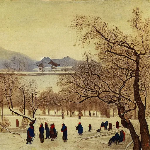 Prompt: A painting of Beihai Park in winter, in Beijing, by Bruegel.