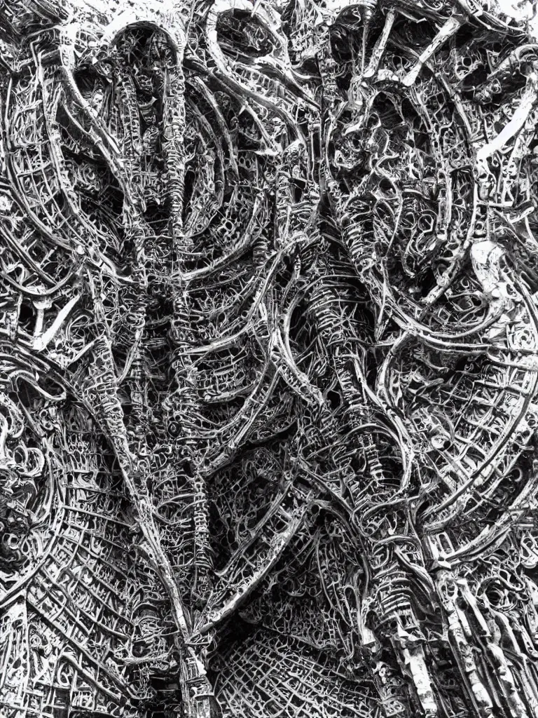 Prompt: intricate architectural latticework of alien bones by H.R. Giger