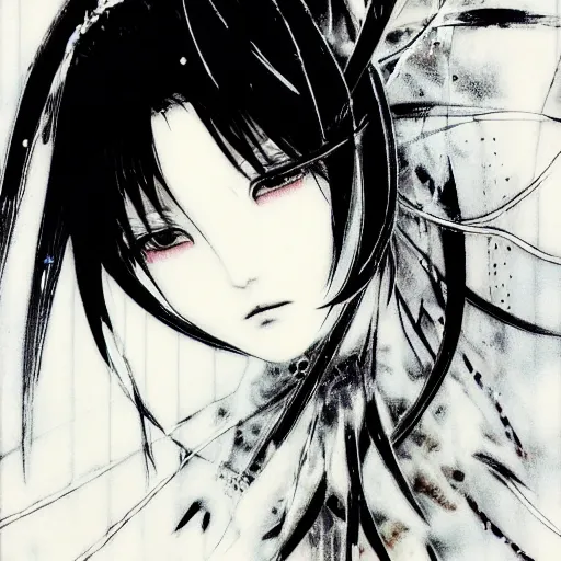 Image similar to Yoshitaka Amano blurred and dreamy illustration of an anime girl with pirate eye patch, wavy white hair and cracks on her face wearing Elden ring armour with the cape fluttering in the wind, abstract black and white patterns on the background, noisy film grain effect, highly detailed, Renaissance oil painting, weird portrait angle