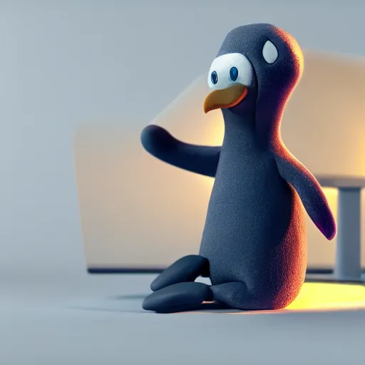 Image similar to pingu sitting behind a computer, 3 d render,, art, epic lighting, clay, claymation