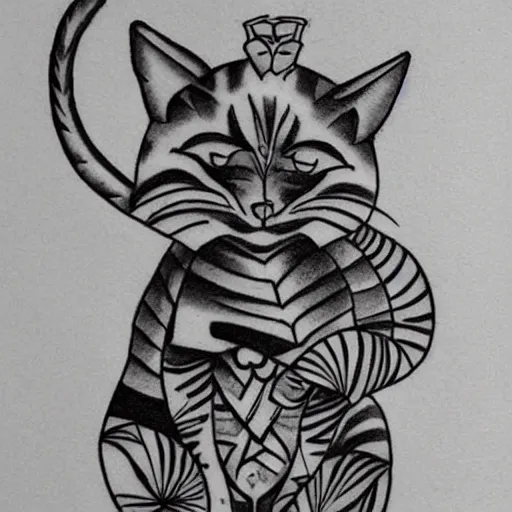 Image similar to tattoo sketch in polynesian style cat hugging the sun