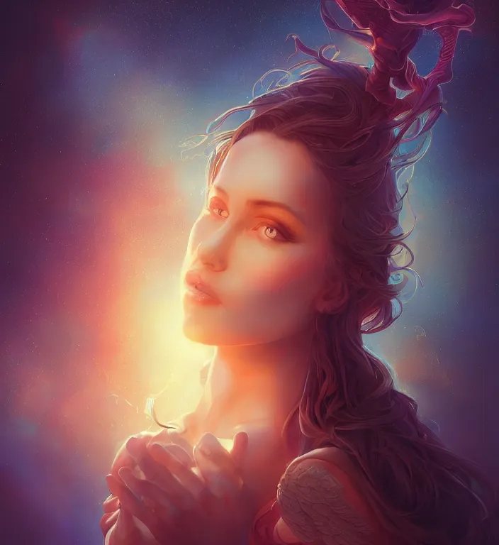 Image similar to centered waist up portrait photography an angel + eyes everywhere + glowing linework, dissolve to energy particles of light + bokeh + strong DOF + 8k, photorealistic + composition by Peter Mohrbacher + line work by Dan Mumford , ultra realistic + backlit + strong rimlight, sunset + HDRI, HD, Photoreal