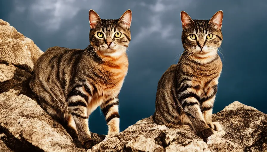 Image similar to a cat standing on the peak of a mountain, looking up, realistic, epic lighting, epic composition, 4 k