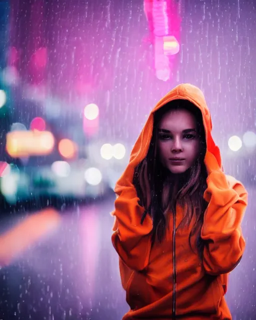 Image similar to a closeup portrait of as beautiful young woman wearing a transparent hoody standing in the middle of a busy night road, raining with lots on neon lights on the background