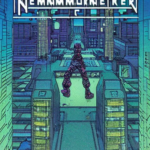 Image similar to Neuromancer cyberpunk cover in Moebius style, energetic