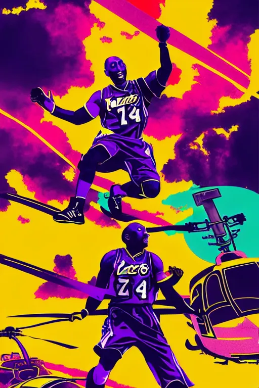 Prompt: helicopter, kobe bryant in fighter pilot gear, 1 9 9 0 s movie poster, fan art, concept art, vibrant, digital art, vapor wave, synth punk, explosions, minimalist