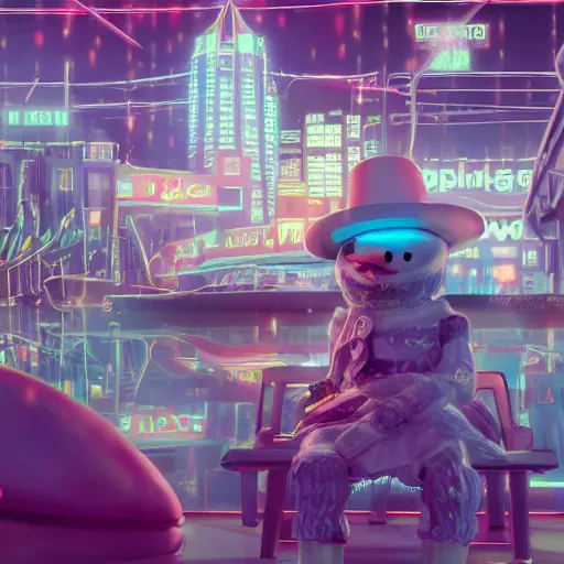 Image similar to beautiful hyperdetailed digital painting of a snowman sitting on a bench outside a futuristic neon cyberpunk ice cream store, cyberpunk city in background, night time, stunning lighting, dreamy, global illumination, octane render, trending on artstation, unreal engine 5, 4 k