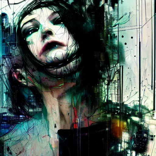 Image similar to beautiful young cybernoir woman vr dreaming in a glitchcore world of wires, and machines, by jeremy mann, francis bacon and agnes cecile, and dave mckean ink drips, paint smears, digital glitches glitchart