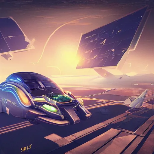 Image similar to solarpunk hovercar, clean energy, green technology, highway, sunny day, futurism, intricate, engines, glow, highly detailed, drone wings, peaceful, utopia, bright, digital painting, artstation, concept art, smooth, sharp focus, epic landscape, art by akihiko yoshida and tim mcburnie and anato finnstark