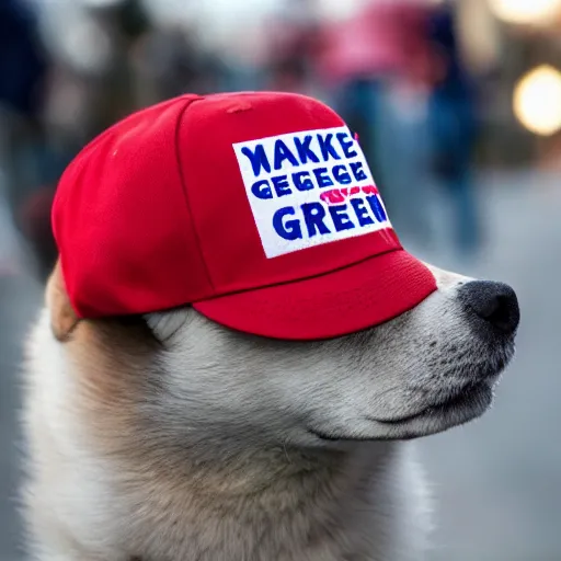 Image similar to doge wearing a make america great again cap, realistic, 8 k,