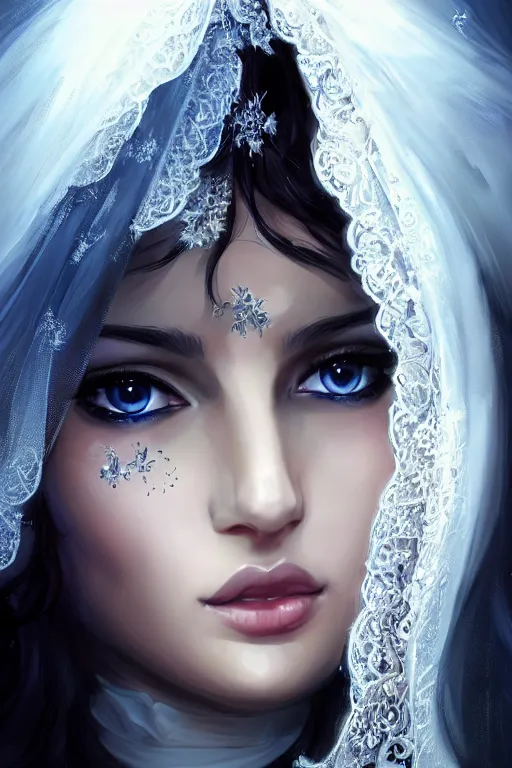 Prompt: Ameera al-Taweel, blue eyes, long wavy black hair, fierce look, white veil, closeup, focus face, elegant, highly detailed, centered, digital painting, artstation, concept art, art by artgerm