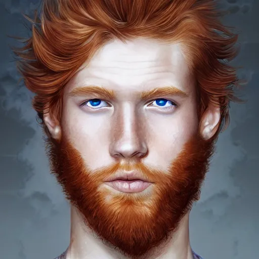 Image similar to 2 4 - year - old man, masculine face, ginger hair, sapphire blue eyes, hyper realistic face, beautiful eyes, highly detailed, digital painting, smooth, sharp, beautiful face, expressive eyes, long fluffy wavy ginger hair, art by greg rutkowski and alex gray