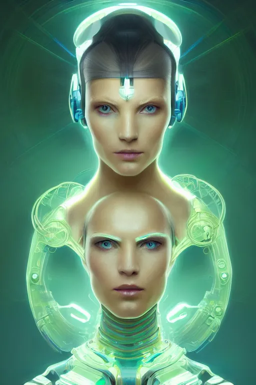 Image similar to portrait of cyborg woman, scifi robot, gradient green cyan, dreamy and ethereal, blue eyes, golden ratio, peaceful expression, ornate frilly dress, fantasy, intricate, elegant, dune, highly detailed, digital painting, artstation, concept art, smooth, b sharp focus, illustration, art by artgerm and greg rutkowski and alphonse mucha