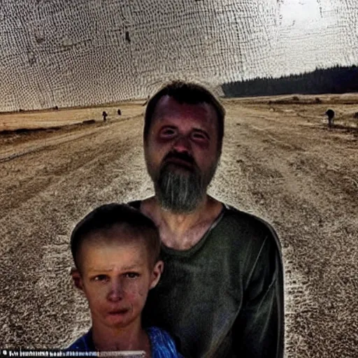 Image similar to radiation eats a ukrainian and his children alive, wild pain and desperate selfies, against the backdrop of a huge nuclear explosion from which the skin has already burned to the bone