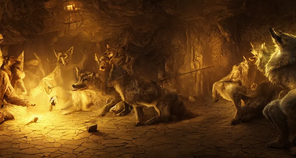 Image similar to wolves and their treasures. digital painting. dungeons, gold, translucent, intricate detail dynamic lighting, hyperrealistic, octane render, highly detailed concept art