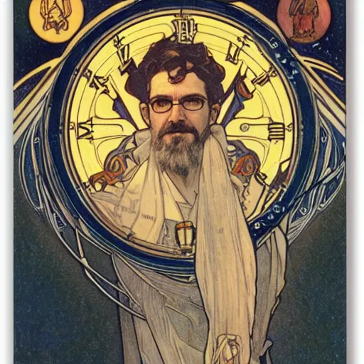 Image similar to gordon freeman portrait by louis - theophile hingre and alphonse mucha, realistic, sharp focus, zodiac signs, tarot cards, planets, ethereal, art nouveau, magic, moon, sun, crown, dreamy, royal, jewellery