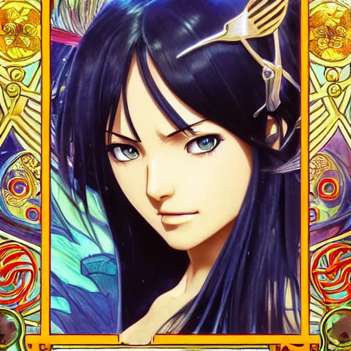 Image similar to highly detailed vfx portrait of nico robin by eiichiro oda, makoto shinkai, alphonse mucha, sharp focus, art by artgerm and greg rutkowski!, backlit, harsh overhead sunlight, blue eyes, stanley kybric, makoto yukimura, takeshi obata, kaoru mori, pixiv, fanbox,