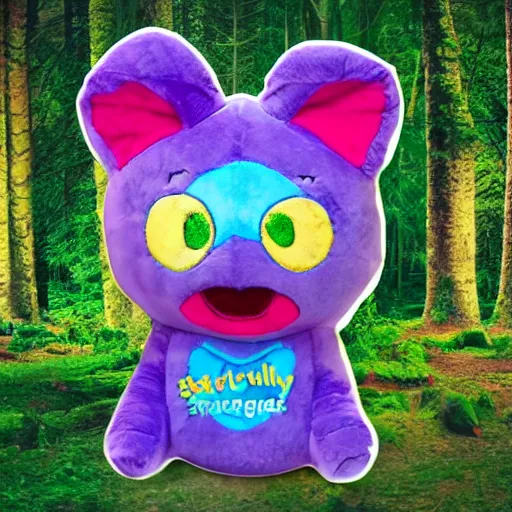 Prompt: blue'snappy gifts'logo plush doll with smiley face in magical forest, gifts, dark atmosphere, high detail, soft lighting, 8 k