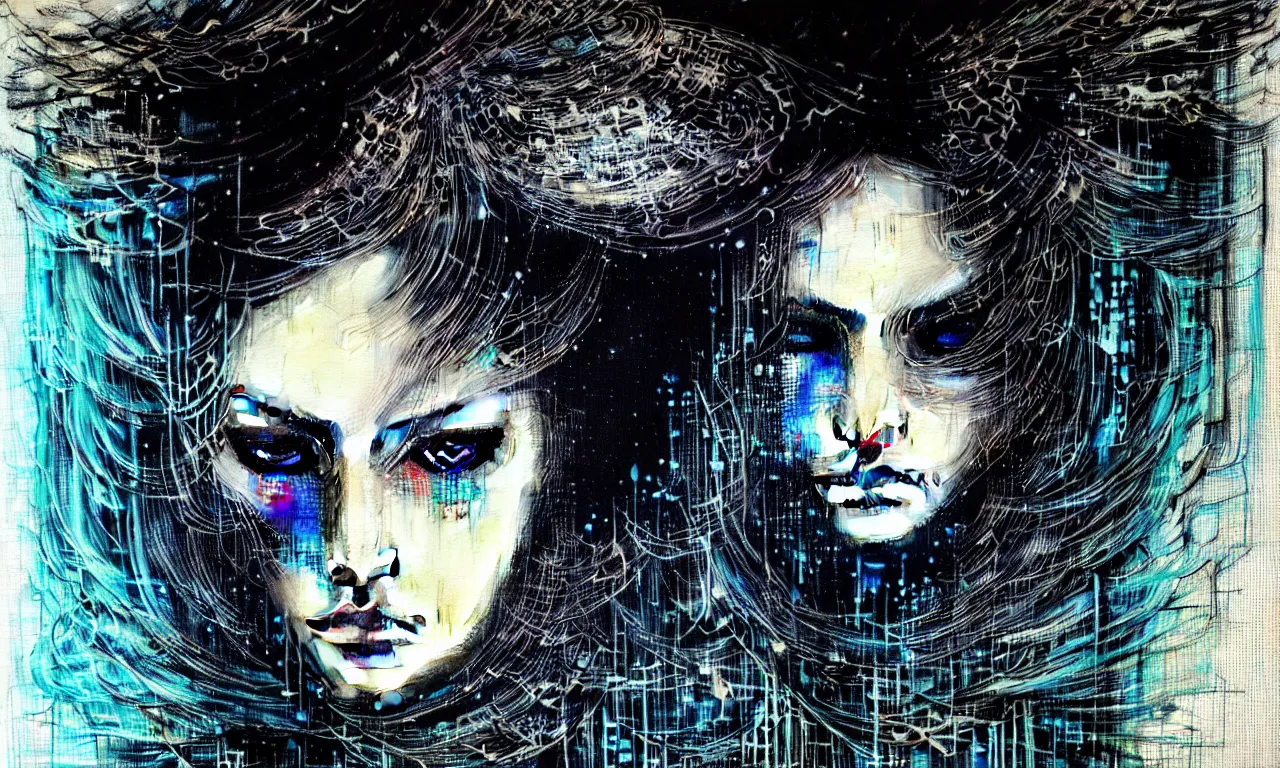 Prompt: hyperrealistic portrait of a mysterious cyberpunk woman with flowing hair, by Guy Denning, Johannes Itten, Russ Mills, beautiful, elusive, glitch art, beautiful eyes, detailed eyes, enchanted, hacking effects, glitch effects, digital tech effects, cybernetics, detailed lines, intricate detail, holographic, chromatic, clear, color blocking, acrylic on canvas, octane, concept art, abstract, red face, front view, 8k, trending on cgsociety, trending on artstation