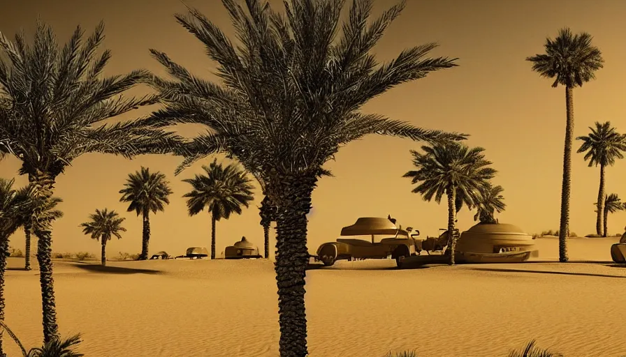 Prompt: an arabian desert village during an alien invasion at night, a big flying saucer ufo in the sky, dunes, oasis, palm trees, an arab standing watching over, artwork by steve hendderson