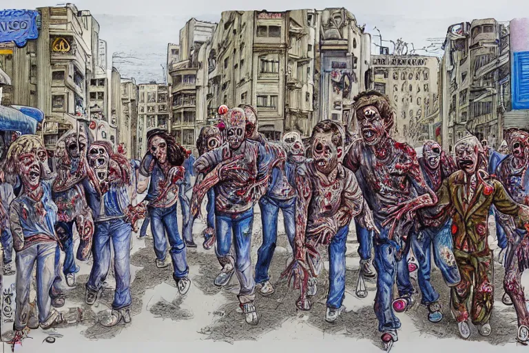 Prompt: zombies in the street of tel aviv. pen drawing. realistic. colorful. highly detailed. watercolors