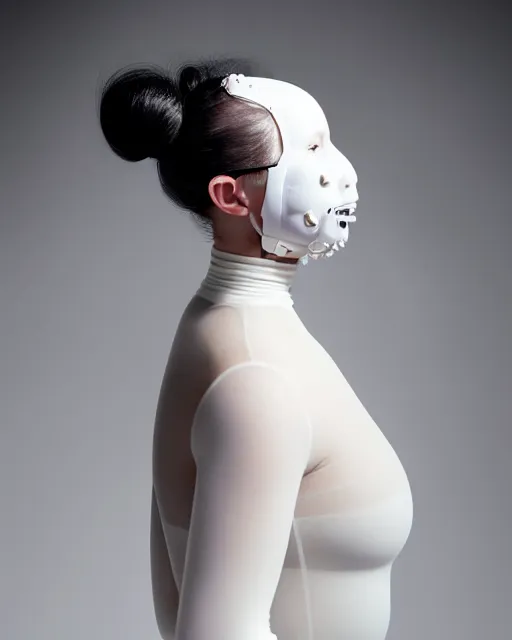 Image similar to portrait of a woman wearing a white embroidered translucent silicone mask and white frizzy hair buns, wearing a black bodysuit by alexander mcqueen, cream white background, soft diffused light, biotechnology, humanoide robot, bjork aesthetic, translucent, by rineke dijkstra, intricate details, highly detailed, masterpiece,