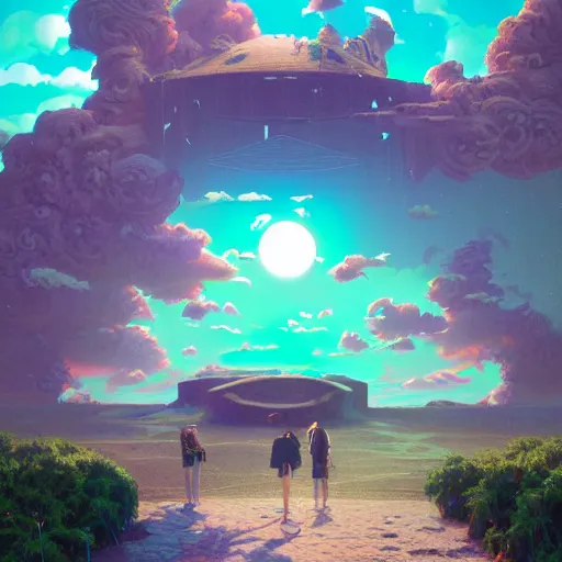 Image similar to vaporwave, highly detailed surreal vfx portal to another dimension, giant head ruins, vaporwave, stephen bliss, unreal engine, greg rutkowski, loish, rhads, beeple, makoto shinkai and lois van baarle, ilya kuvshinov, rossdraws, tom bagshaw, global illumination, detailed and intricate environment