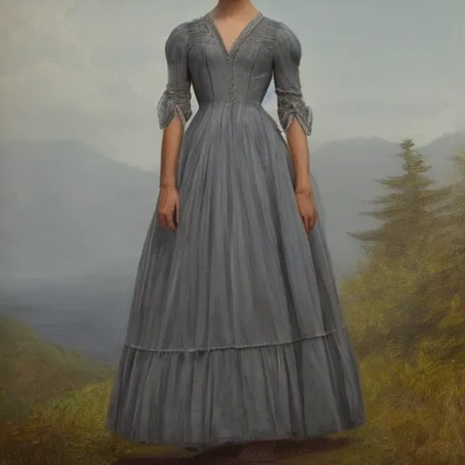 Image similar to portrait of Alicia Vikander wearing grey 1850 dress, in the style of the Hudson River School