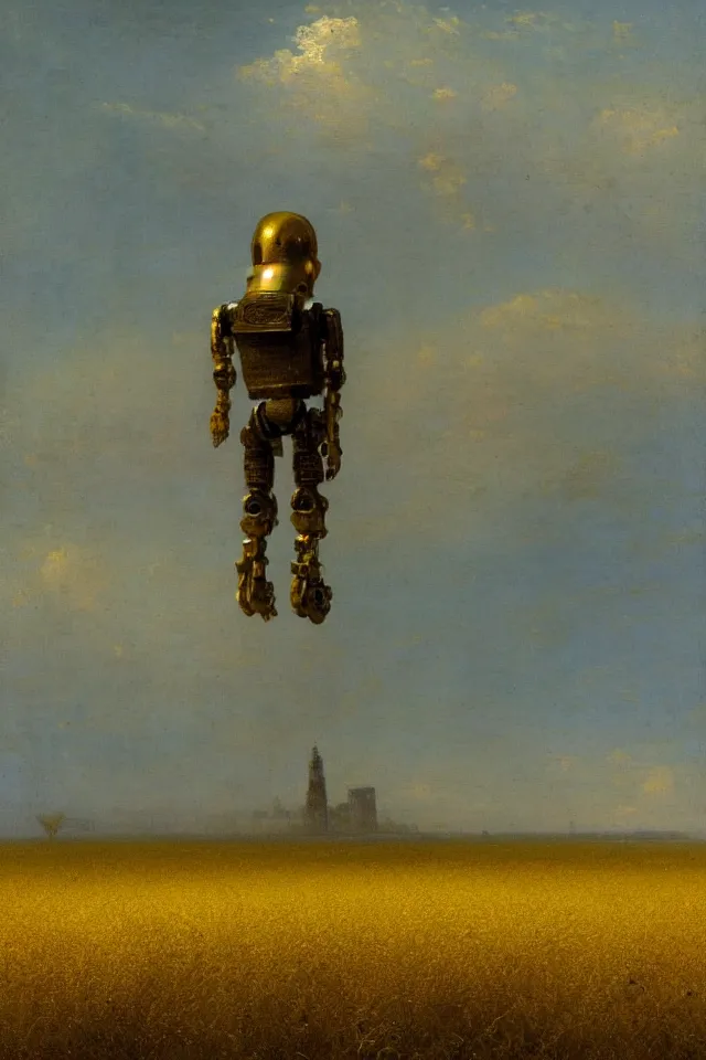 Image similar to the back view of one small terminator robot, standing in the middle of yellow wheat fields, looking at some gargantuan tall buildings by Ivan Aivazovsky, golden ratio