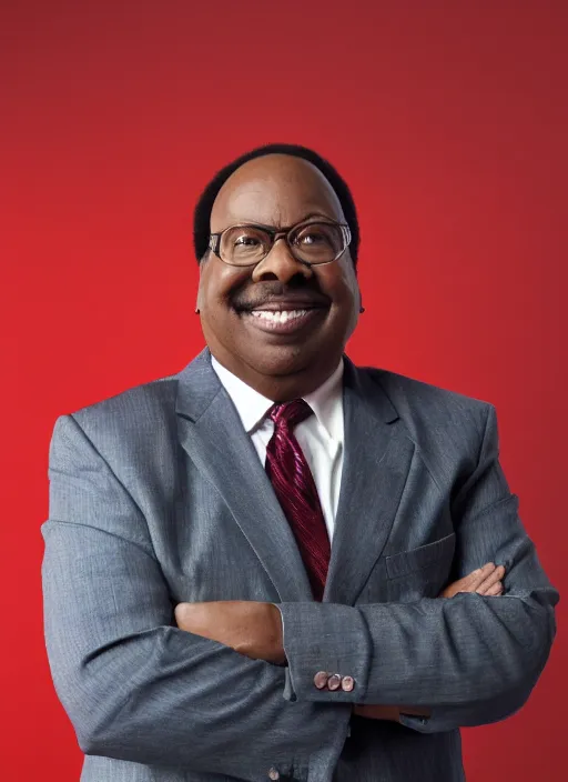 Prompt: ( ( ( portrait of leslie david baker as stanley hudson of the office television series ) ) ) by igor kazarin, head to waist, light coming from the right side, red background, poster, 4 k, award winning