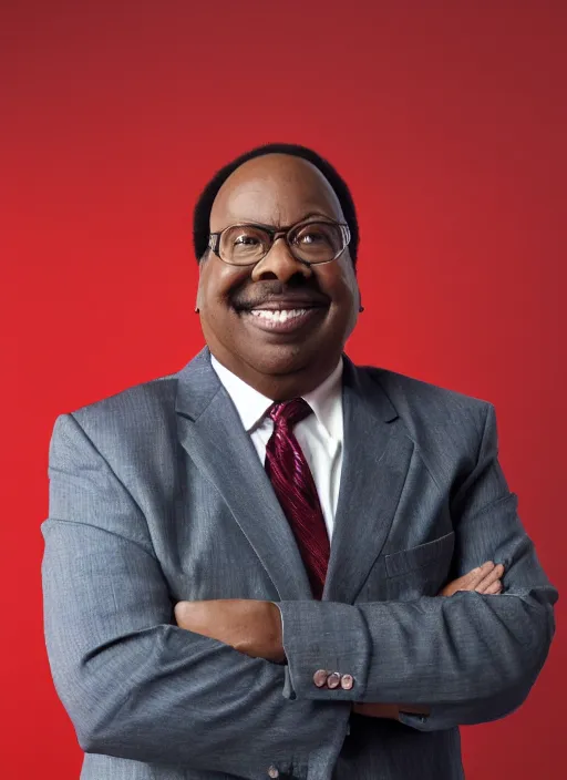 Image similar to ( ( ( portrait of leslie david baker as stanley hudson of the office television series ) ) ) by igor kazarin, head to waist, light coming from the right side, red background, poster, 4 k, award winning