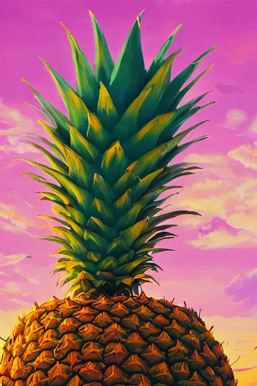 Prompt: closeup, giant pineapple head, girl surrounded by djungle, surreal photography, golden hour, colorful clouds, impressionist painting, digital painting, artstation, simon stalenhag