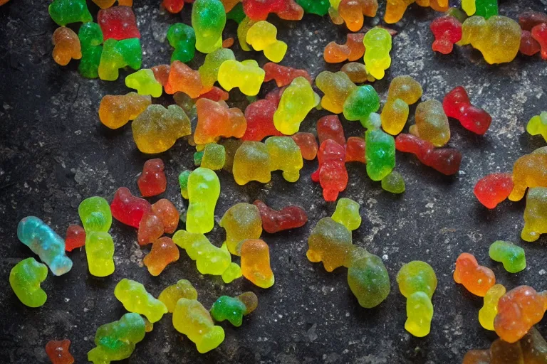 Prompt: wild gummy bears, nature photography, national geographic, cinematic lighting