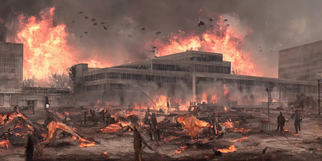 Image similar to realistic cinematic views of a refuge riot with fires in the background and dead animals falling from the sky in front of the UN building, hyper detailed, hyper realistic, digital painting, 8k, 35mm film grain, octane render