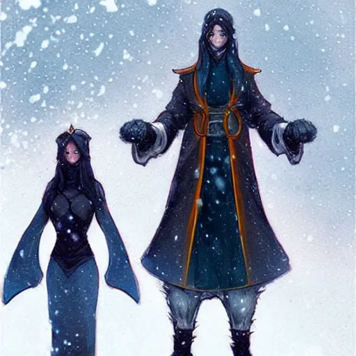 Image similar to a couple of people that are standing in the snow, concept art by Fabien Charuau, trending on pixiv, fantasy art, official art, wiccan, concept art