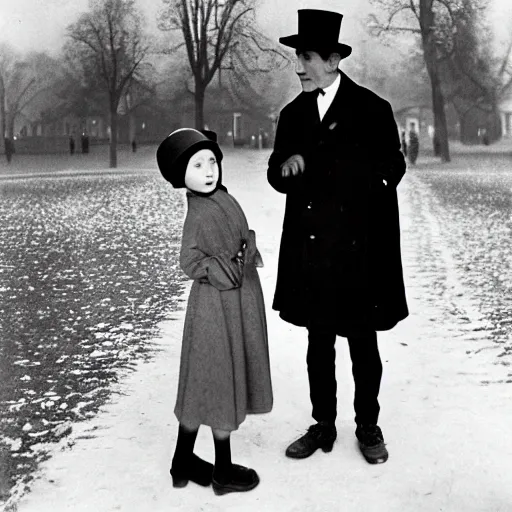 Prompt: A thin man in a black coat and bowler hat talks with small girl who is dressed in a red coat and a red hat, park, autumn, 1923, in the style of Oskar Kokoschka, wide angle, high detail, width 768