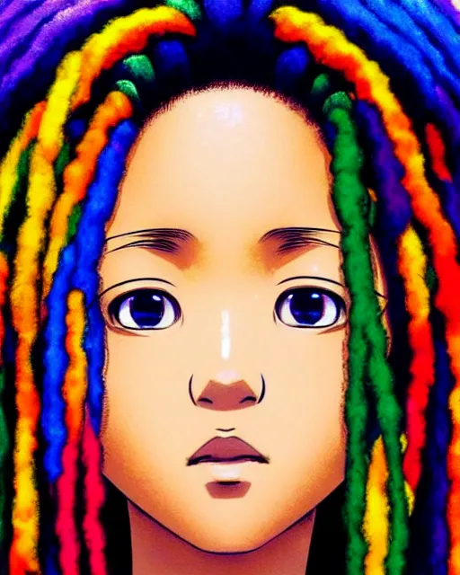 Prompt: portrait Anime 1984 Rasta Girl wearing-rasta-clothes Soft fine face pretty face, realistic shaded Perfect face, fine details. Anime. background: Los-Angeles San-Francisco; hyperrealistic by Ilya Kuvshinov katsuhiro otomo ghost-in-the-shell, magali villeneuve, artgerm, rutkowski Jeremy Lipkin and Giuseppe Dangelico Pino and Michael Garmash and Rob Rey