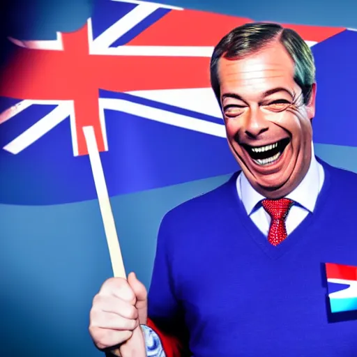 Image similar to nigel farage laughing holding burning eu flag, studio photograph, hd, studio