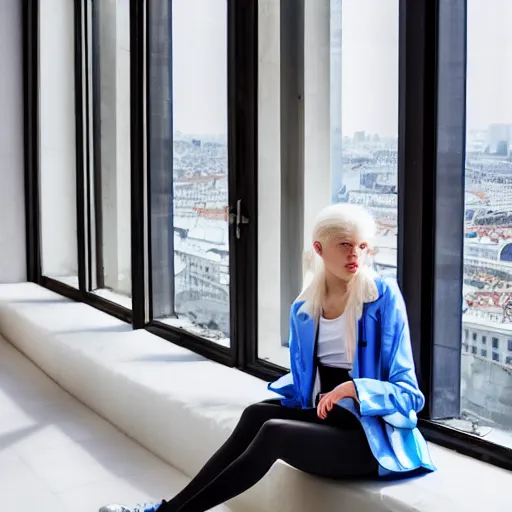 Image similar to 19-year-old Aristocratic platinum-blonde-haired hime-cut blue-eyed French empress wearing white leggings and black jacket, looking out open window, sitting in French apartment, communist city, futuristic city, cyberpunk city, HD photograph