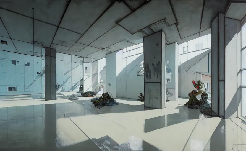Prompt: painting of a wide angle interior shot of a white concerete brutalist museum with modern contemporary art on the wall with glossy floor by darek zabrocki and greg ruthkowski, alphonse mucha, simon stalenhag and cinematic and blue cold atmospheric, archillect concept art, artstation, trending on artstation