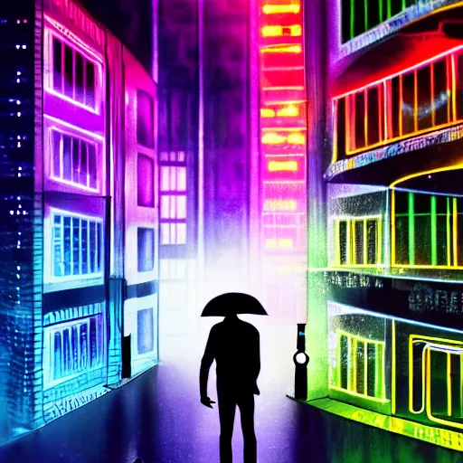 Prompt: one man silhouette standing in front of a cyberperunk city, neon lights, night, rain, very beautiful, trending on deviantart,