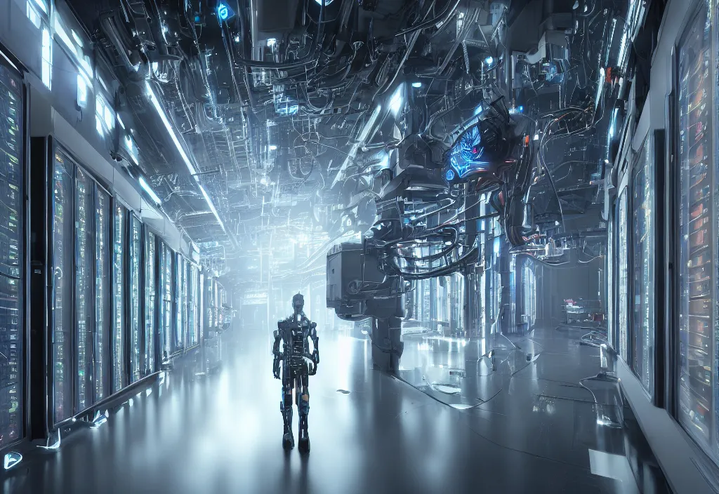 Image similar to shot of film, server room in datacenter, natural light, elegant, atmospheric lighting intricate by barclay shaw, by evan rhodes artstation, cyborg, robot cyberpunk character design, walking in data center, octane render 8 k, detailed, beautiful composition, cyberpunk colors, ultra high details, cinematic composition, professional master piece