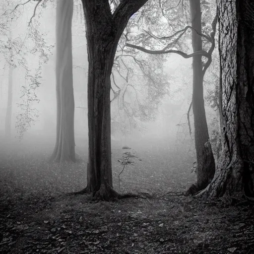 Prompt: gothic faerie portal in the foggy woods black and white