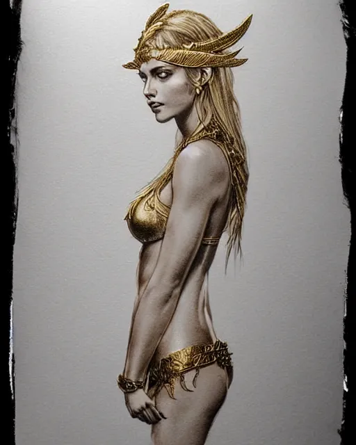 Image similar to tattoo sketch of beautiful super model aphrodite greek goddess wearing a gold laurel wreath and triangle earrings,, beautiful piercing gaze with sharp pupils, beautiful blonde hair, in the style of greg rutkowski, fantasy, amazing detail, epic, elegant, smooth, sharp focus, front view