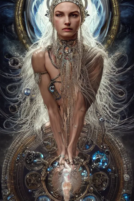 Image similar to a centered render of a wild post apocalyptic goddess with wearing ornate silver and gemstones and crystal clothing surrounded by flowing liquid gallium jellyfish and sacred geometry, perfect body and face, gorgeous, cinematic, beautifully lit, by artgerm, by karol bak, by donato giancola, 3 d, trending on artstation, octane render, 8 k