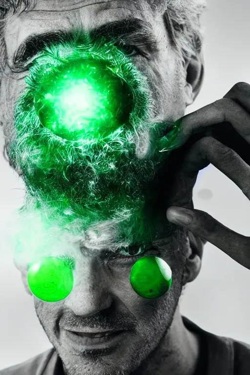 Image similar to a disheveled man holding a silver staph with a glowing green orb on top, high detailed, cinematic, shallow focus, soft light, back lit, rim light